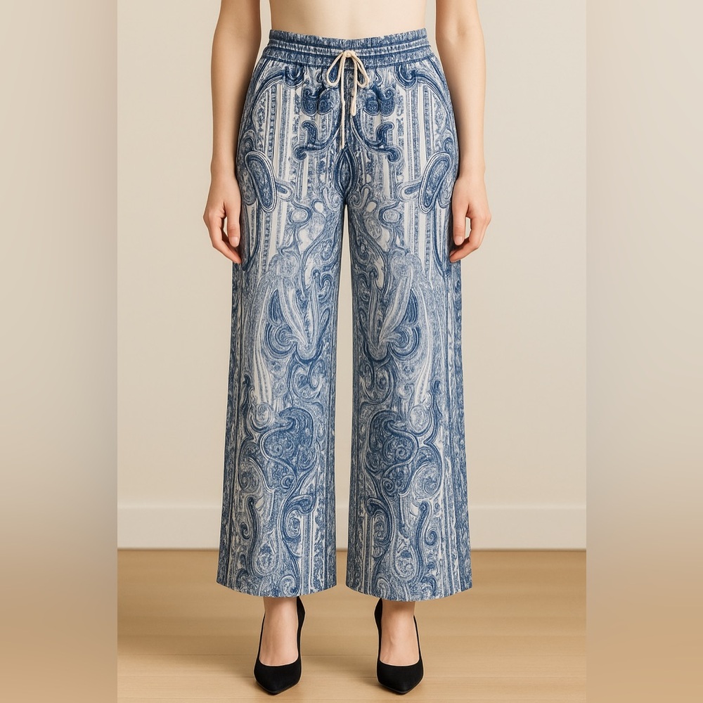INC International Concepts Blue Patterned Wide-Leg Pants